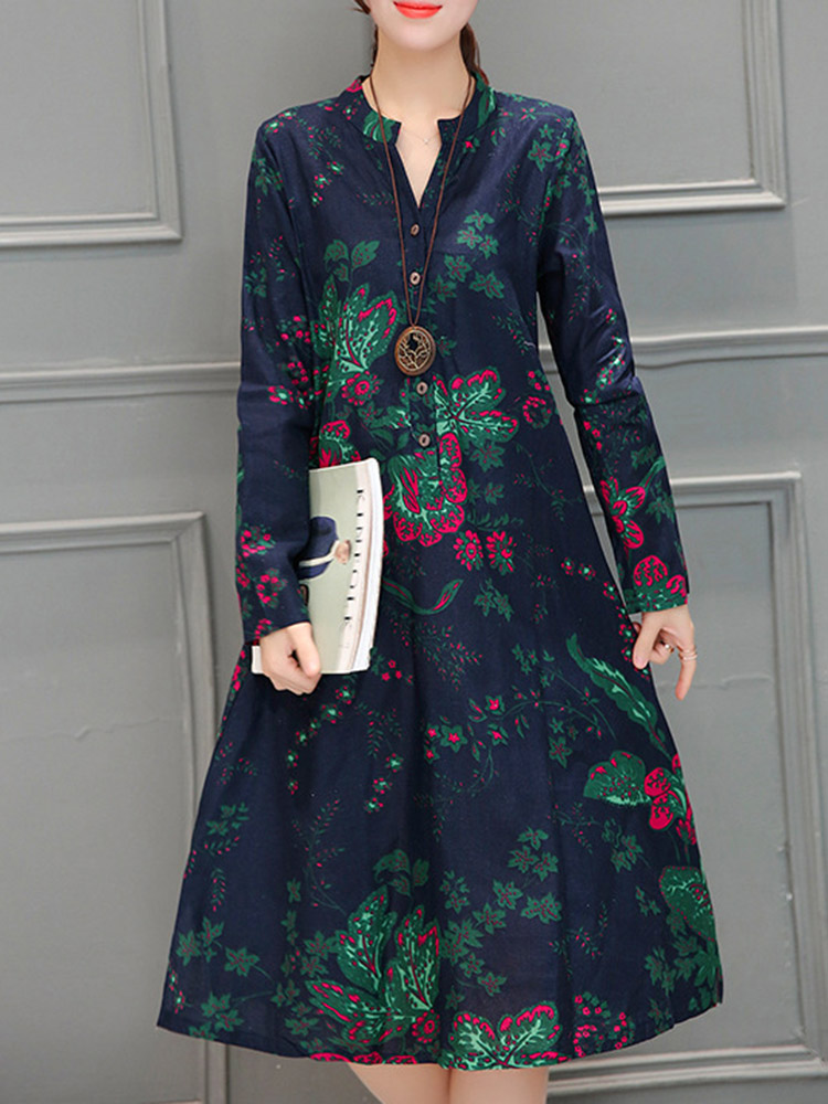 Chinese-Style-Vintage-Floral-V-neck-Long-Sleeve-Dress-with-Pockets-1344607