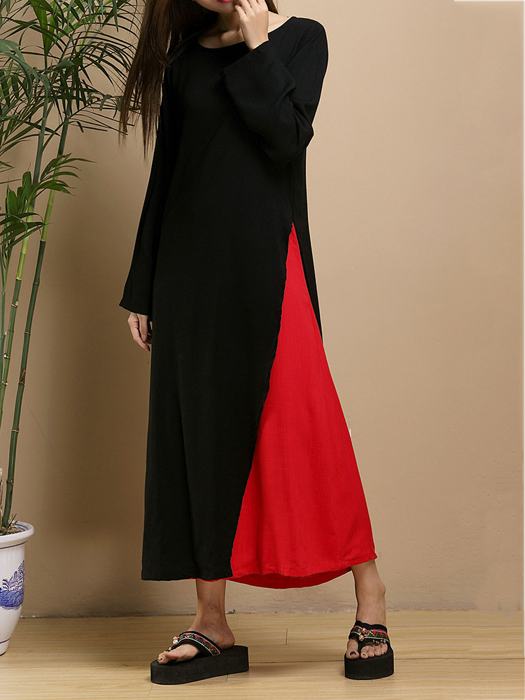 Elegant-Color-Contrast-Patchwork-Long-Sleeve-Fake-Two-Piece-Maxi-Dress-1094081