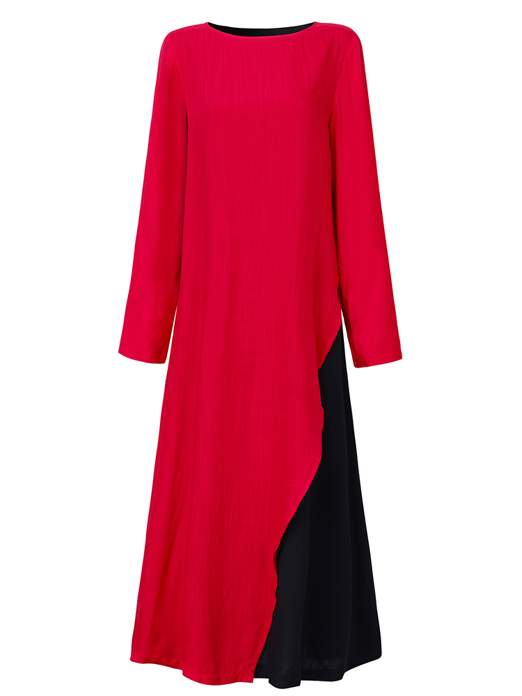 Elegant-Color-Contrast-Patchwork-Long-Sleeve-Fake-Two-Piece-Maxi-Dress-1094081