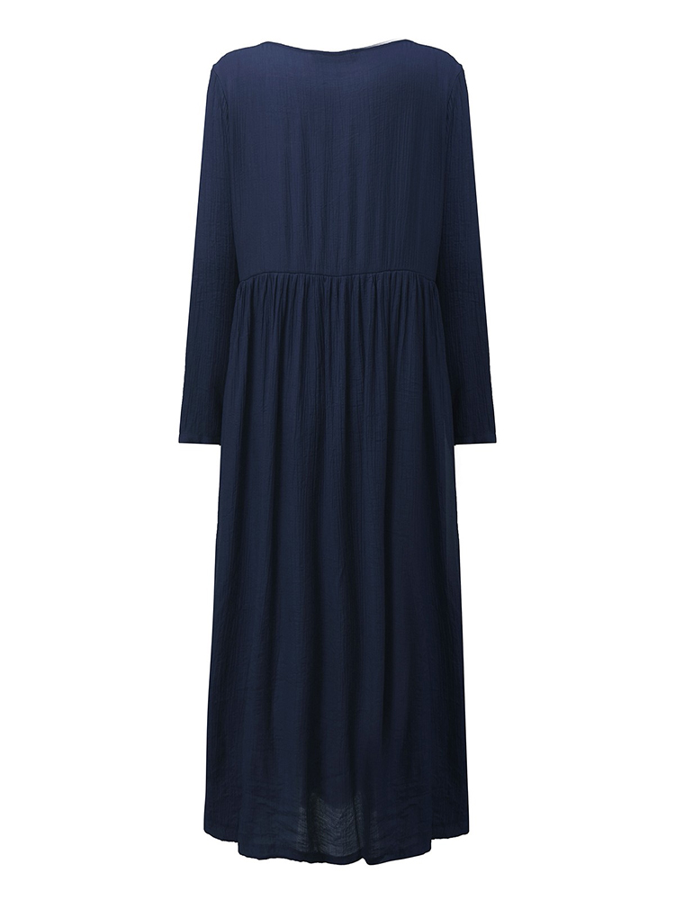 Elegant-Women-Button-Solid-Color-Long-Sleeve-V-Neck-Midi-Dress-1128264