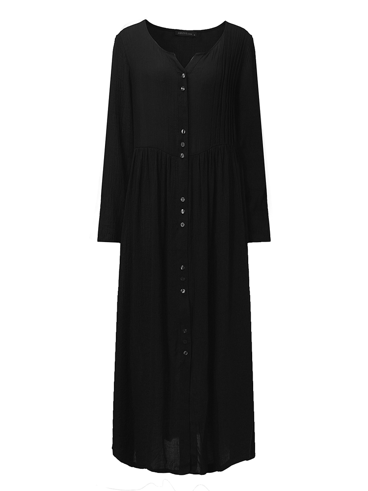Elegant-Women-Button-Solid-Color-Long-Sleeve-V-Neck-Midi-Dress-1128264