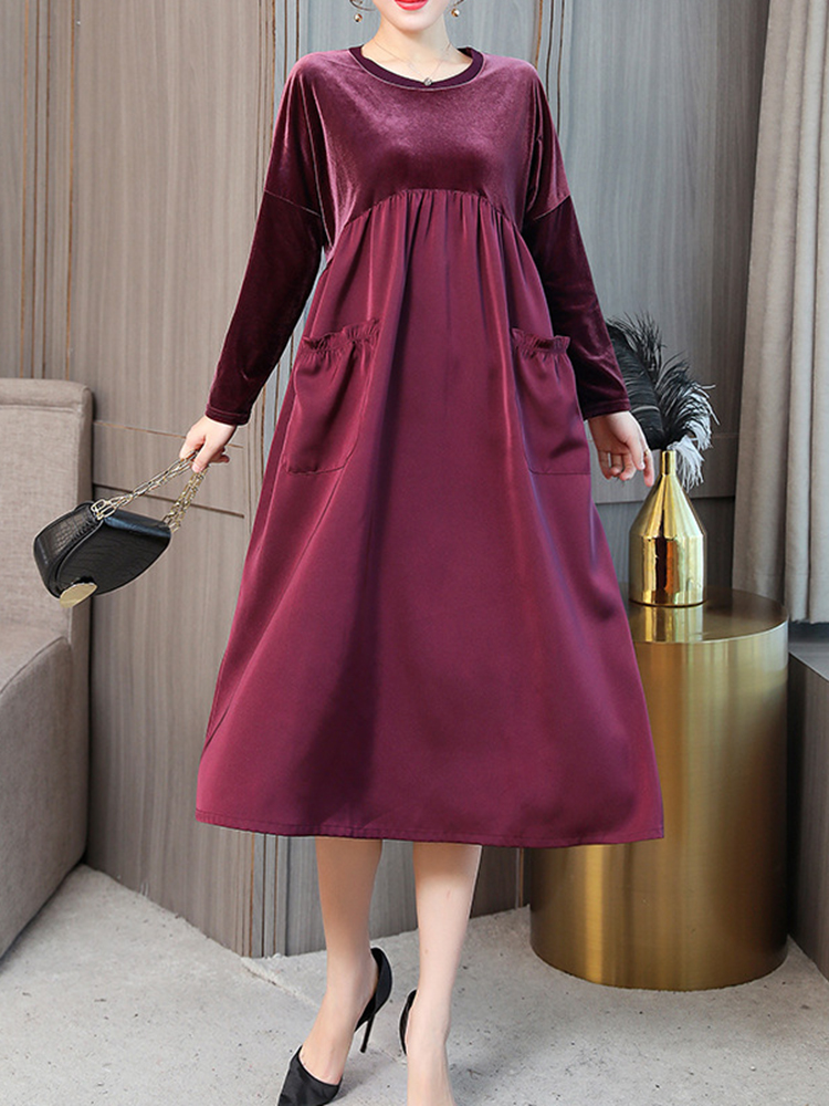 Elegant-Women-Crew-Neck-Two-Tone-Patchwork-Velvet-Long-Sleeve-Dress-1365865