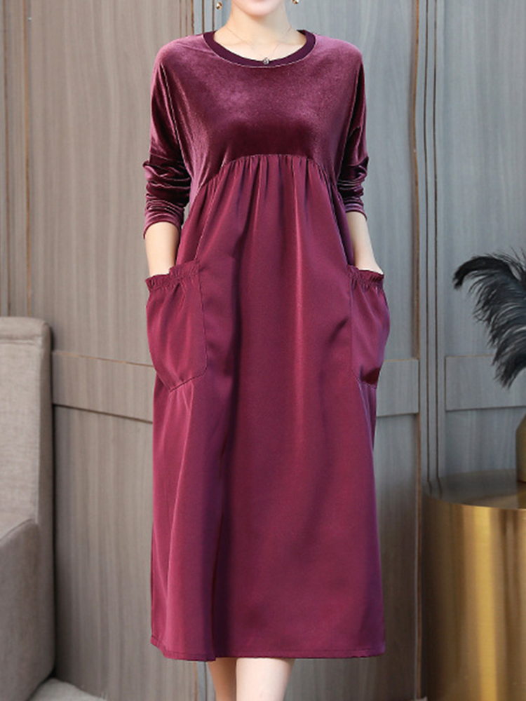 Elegant-Women-Crew-Neck-Two-Tone-Patchwork-Velvet-Long-Sleeve-Dress-1365865