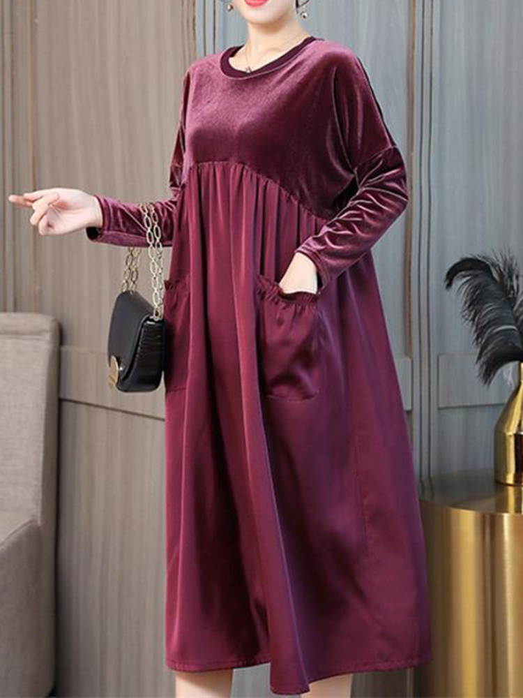 Elegant-Women-Crew-Neck-Two-Tone-Patchwork-Velvet-Long-Sleeve-Dress-1365865