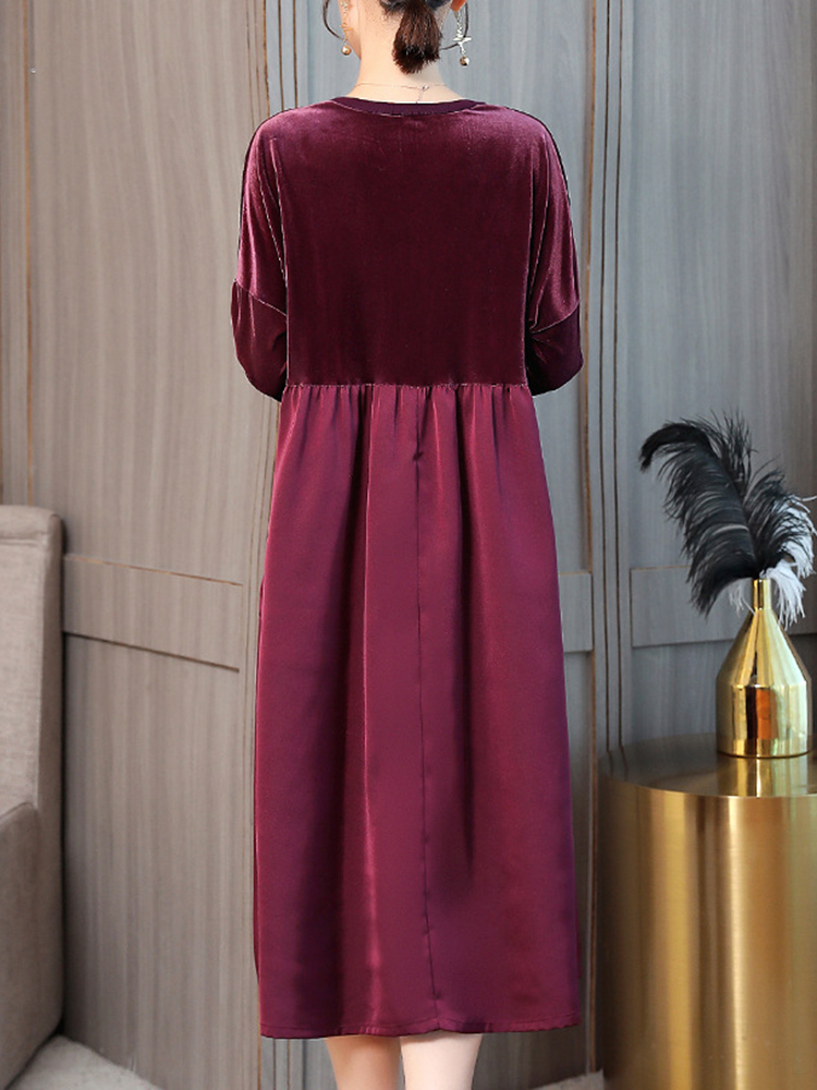 Elegant-Women-Crew-Neck-Two-Tone-Patchwork-Velvet-Long-Sleeve-Dress-1365865