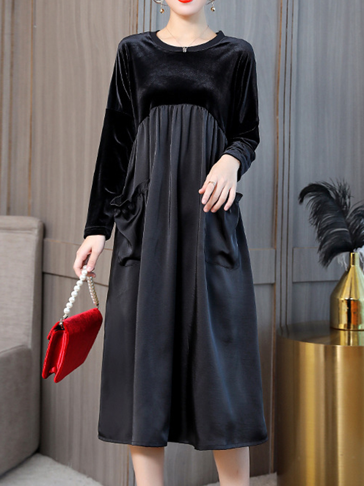 Elegant-Women-Crew-Neck-Two-Tone-Patchwork-Velvet-Long-Sleeve-Dress-1365865