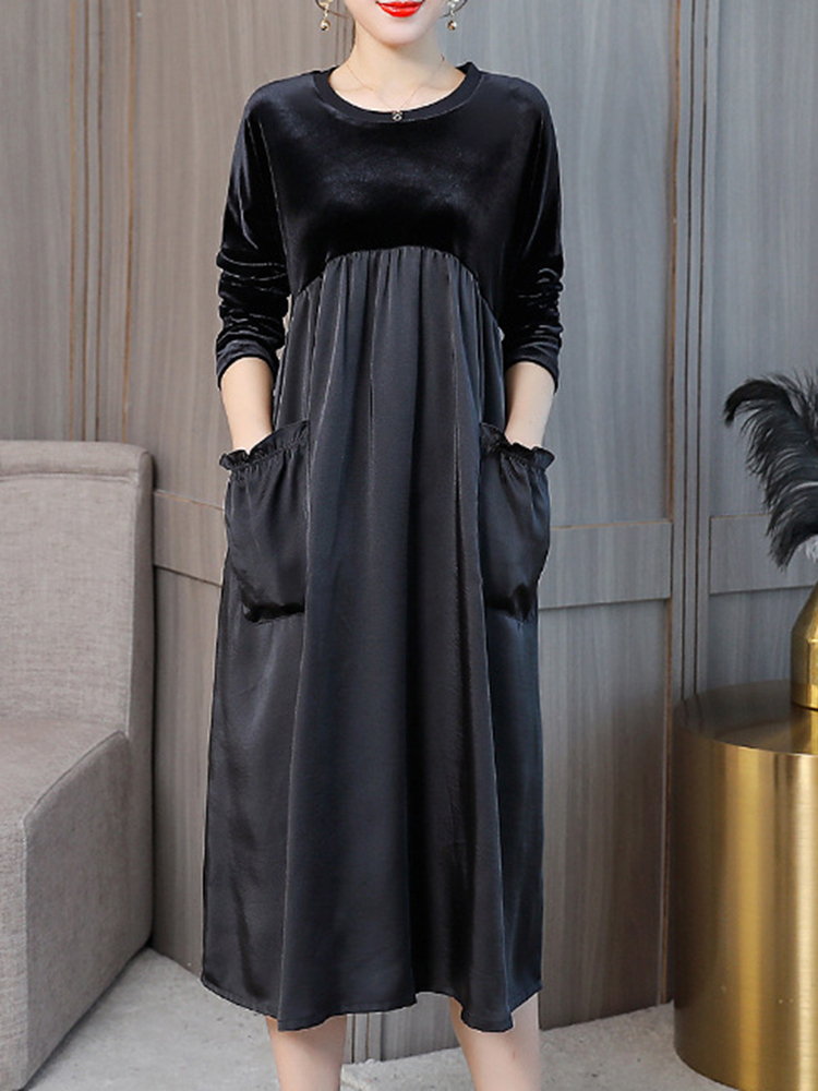 Elegant-Women-Crew-Neck-Two-Tone-Patchwork-Velvet-Long-Sleeve-Dress-1365865