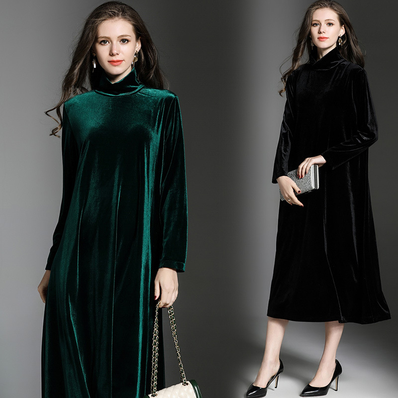 High-Quality-High-Collar-Long-Sleeve-Velvet-Dress-1211797