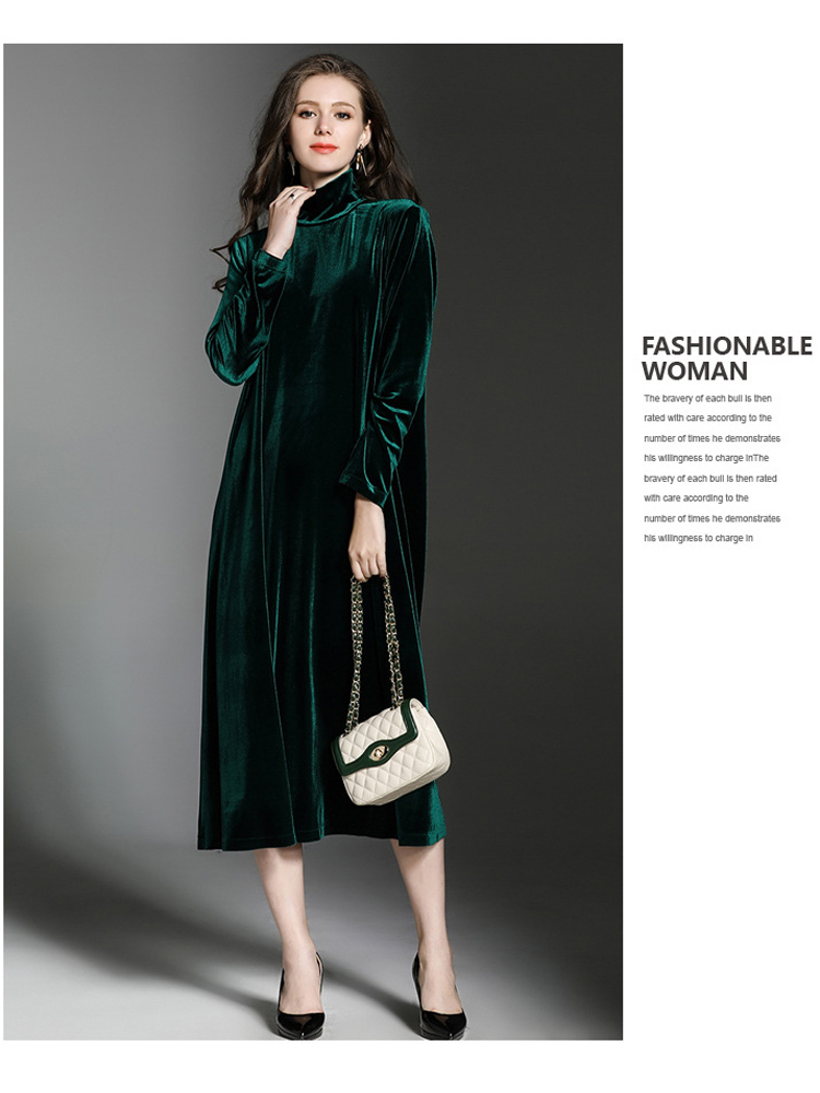 High-Quality-High-Collar-Long-Sleeve-Velvet-Dress-1211797