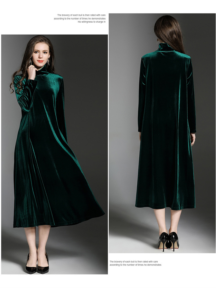 High-Quality-High-Collar-Long-Sleeve-Velvet-Dress-1211797