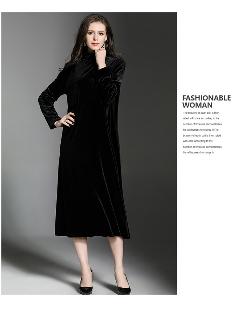 High-Quality-High-Collar-Long-Sleeve-Velvet-Dress-1211797