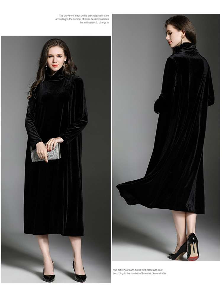 High-Quality-High-Collar-Long-Sleeve-Velvet-Dress-1211797