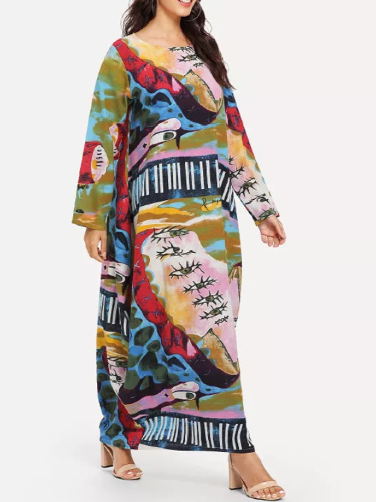 Plus-Size-Art-Print-Crew-Neck-Long-Sleeve-Baggy-Maxi-Dress-1387877
