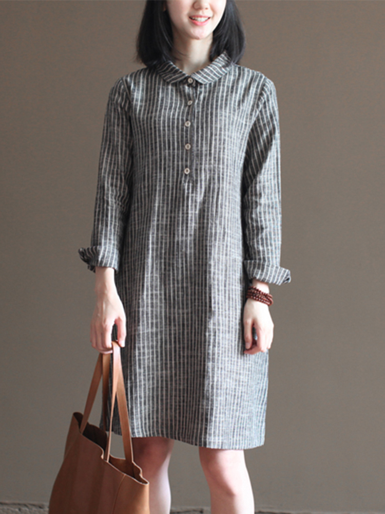 S-5XL-Women-Vintage-Long-Sleeve-Striped-Shirt-Dress-with-Button-1356051