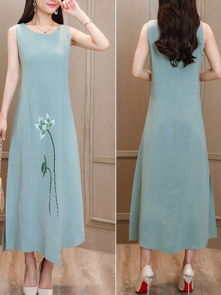 Linen-Cotton-O-neck-Sleeveless-Maxi-Slit-Dress-1294852