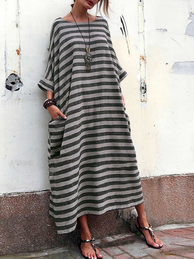 Plus-Size-Casual-Crew-Neck-Batwing-Sleeve-Stripe-Loose-Dress-1379938