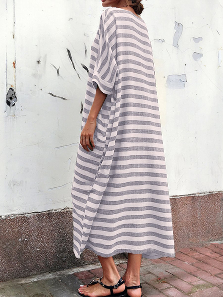 Plus-Size-Casual-Crew-Neck-Batwing-Sleeve-Stripe-Loose-Dress-1379938