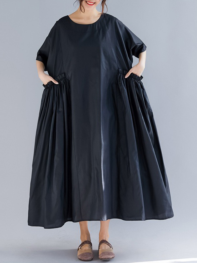 Plus-Size-Casual-Half-Sleeve-Pleated-Maxi-Dress-1416324