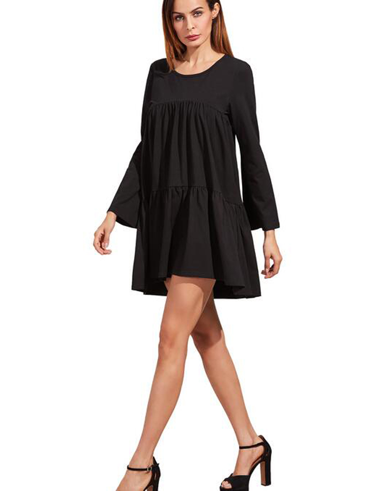 Casual-Women-Brief-Ruched-Flare-Sleeve-Long-Sleeve-Mini-Dresses-1199970