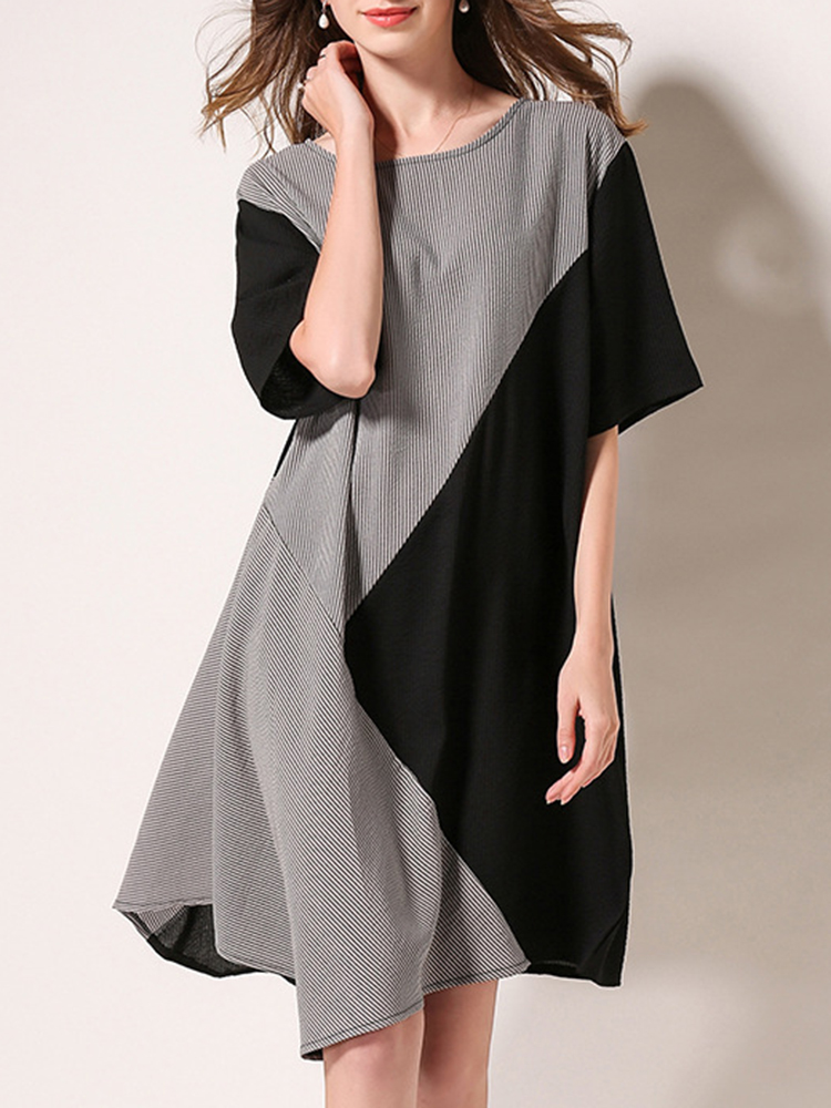 Plus-Size-Stripe-Patchwork-Short-Sleeve-Women-Mini-Dress-1405487