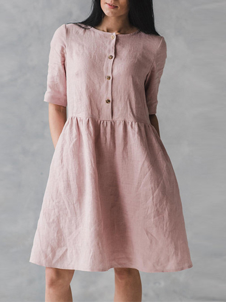 S-5XL-Vintage-O-Neck-Short-Sleeve-Button-Pockets-Cotton-Linen-Mini-Dress-1339821