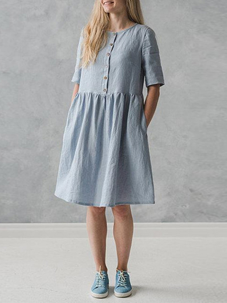 S-5XL-Vintage-O-Neck-Short-Sleeve-Button-Pockets-Cotton-Linen-Mini-Dress-1339821