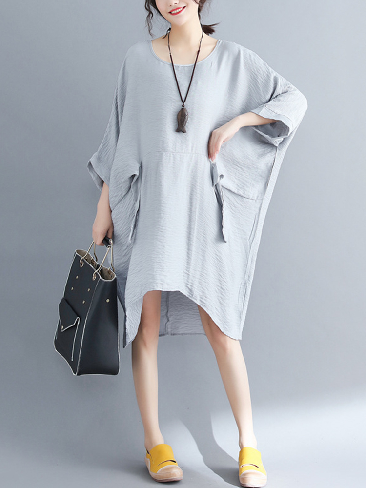 Women-Fashion-Batwing-Sleeves-Cotton-Linen-Mini-Dress-1323993