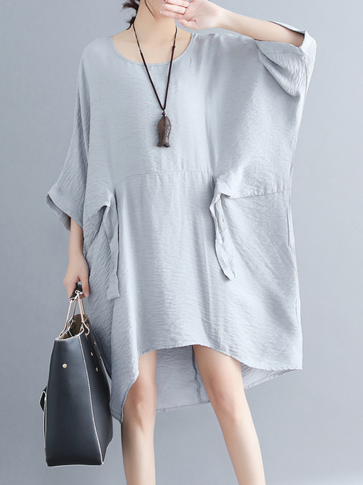 Women-Fashion-Batwing-Sleeves-Cotton-Linen-Mini-Dress-1323993
