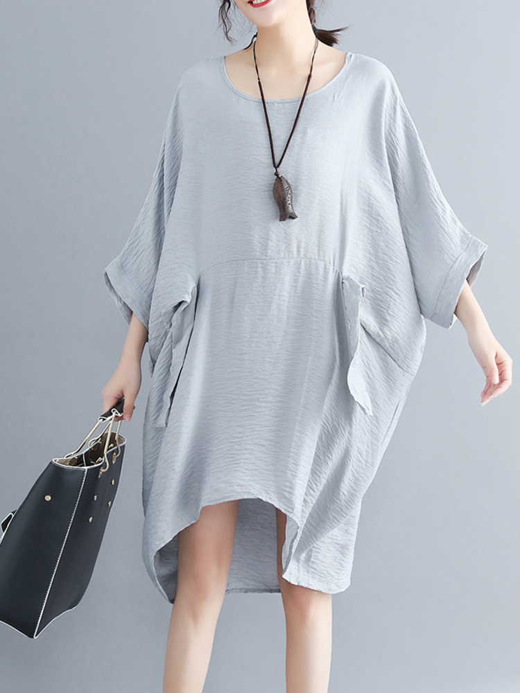 Women-Fashion-Batwing-Sleeves-Cotton-Linen-Mini-Dress-1323993