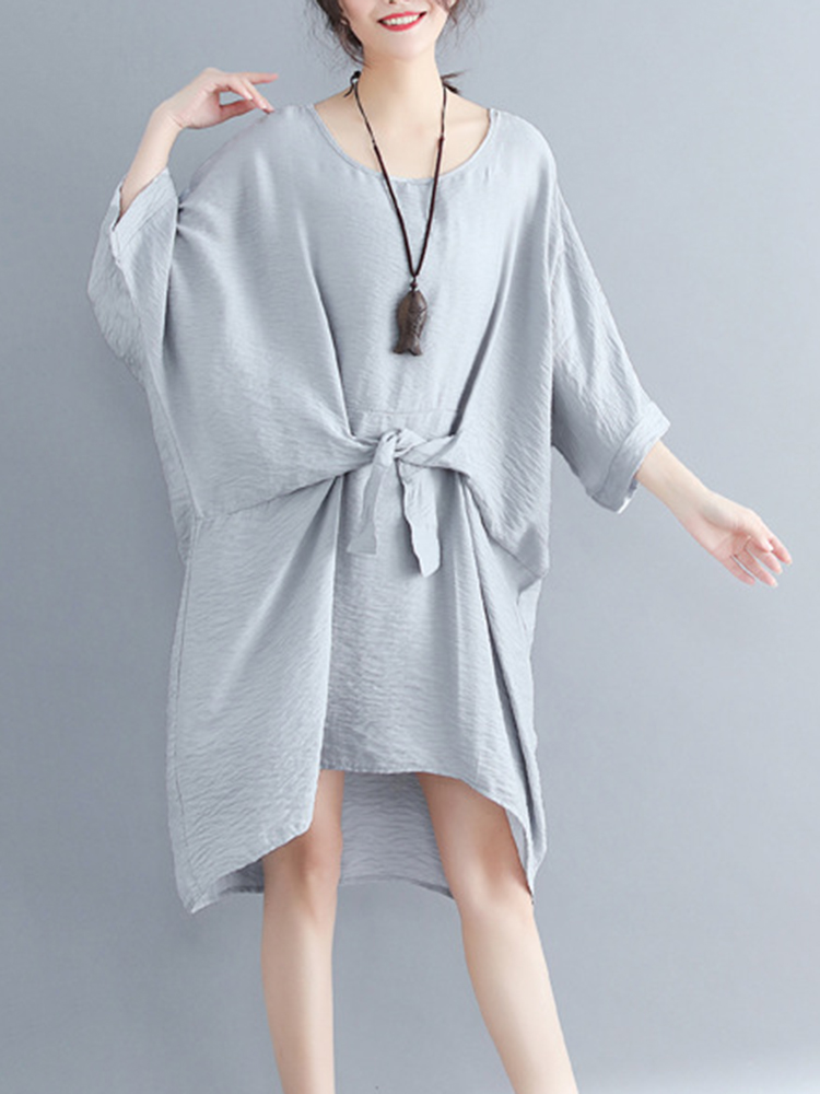 Women-Fashion-Batwing-Sleeves-Cotton-Linen-Mini-Dress-1323993