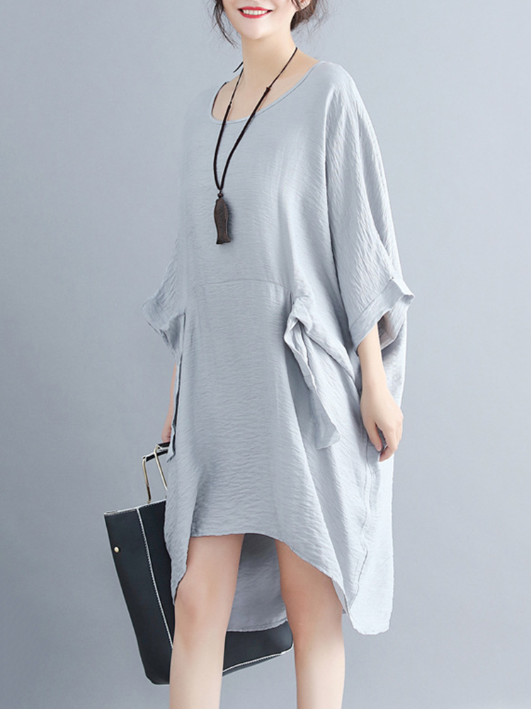 Women-Fashion-Batwing-Sleeves-Cotton-Linen-Mini-Dress-1323993
