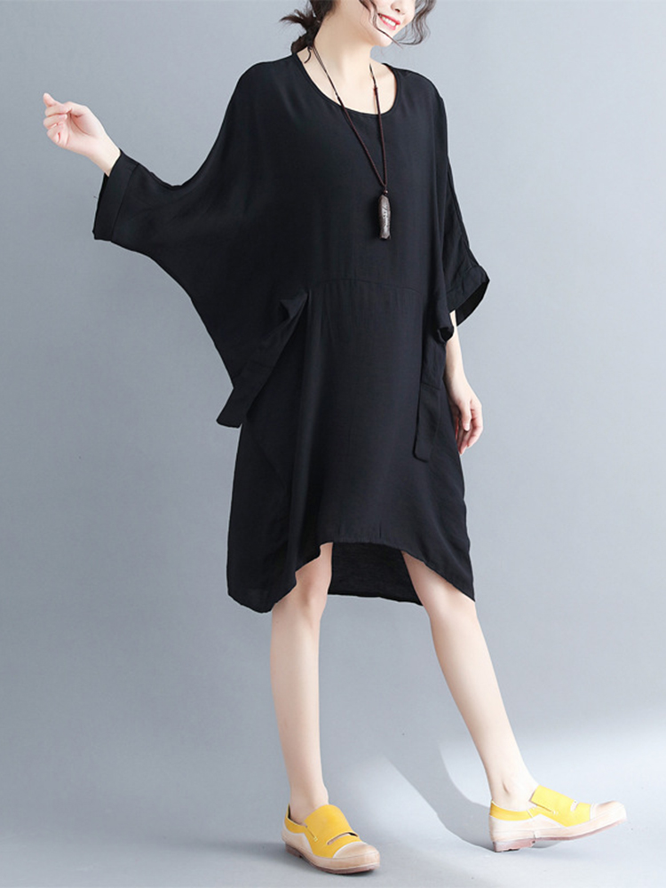 Women-Fashion-Batwing-Sleeves-Cotton-Linen-Mini-Dress-1323993