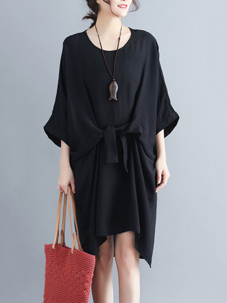 Women-Fashion-Batwing-Sleeves-Cotton-Linen-Mini-Dress-1323993