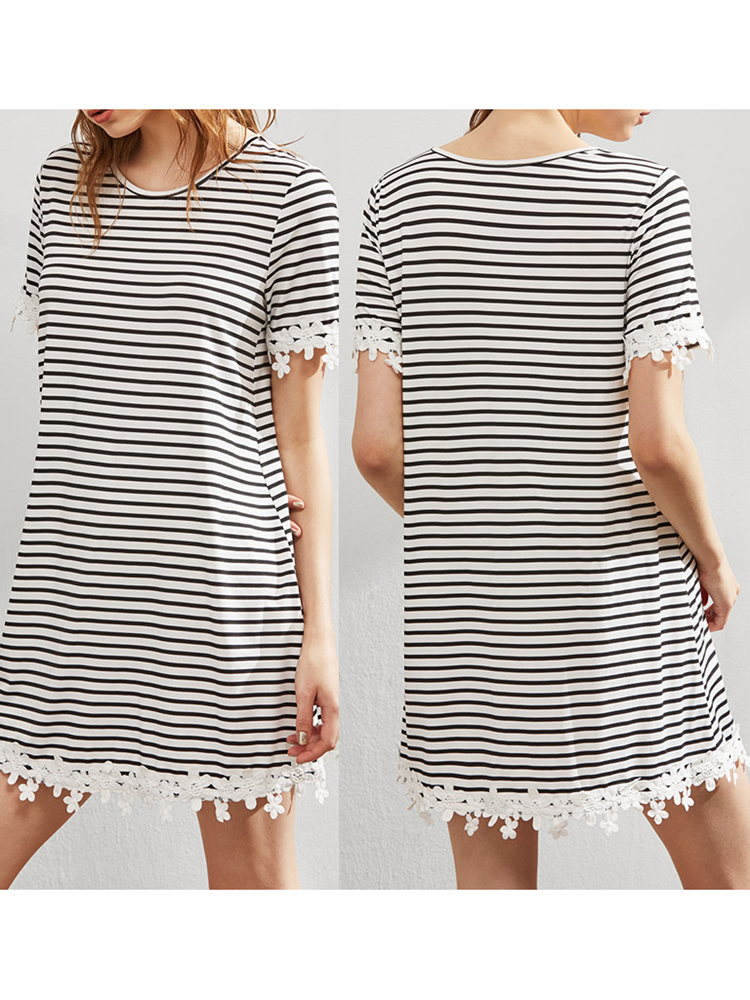 Women-Loose-Round-Necklace-Trim-Striped-Tee-Dress-1178616