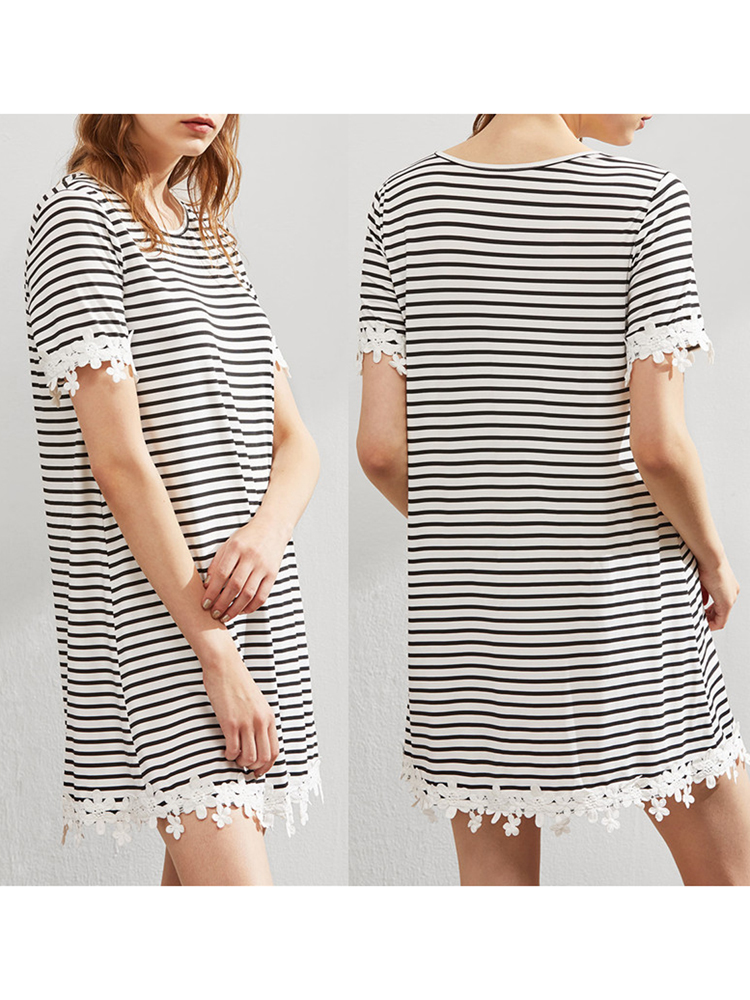 Women-Loose-Round-Necklace-Trim-Striped-Tee-Dress-1178616