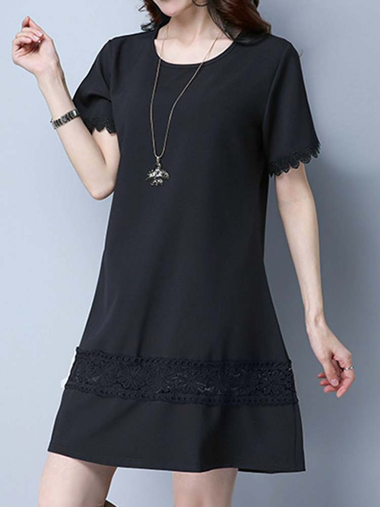 Women-Vintage-Short-Sleeve-Lace-Stitching-Dresses-Round-Neck-Mini-Dresses-1156860