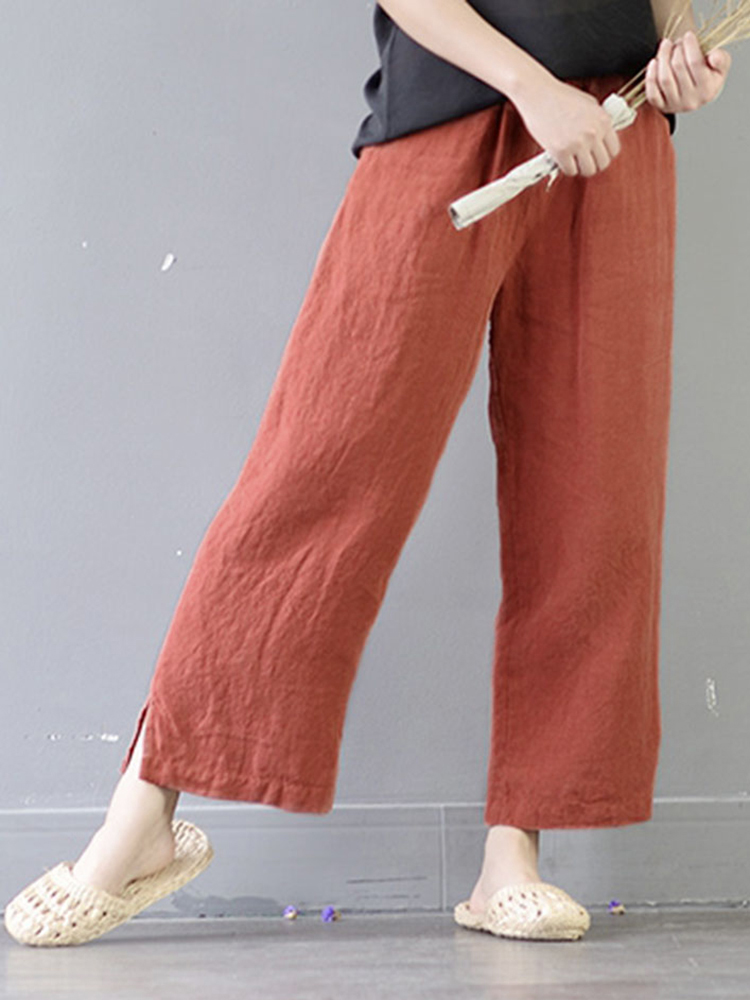 Casual--Women-Elastic-Waist-Pockets-Cotton-Wide-Leg-Pants-1280101