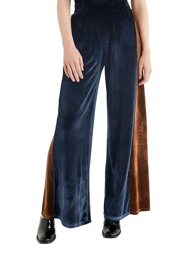 Casual-Women-Gold-Velvet-Color-Splicing-Wide-Leg-Pants-1236310