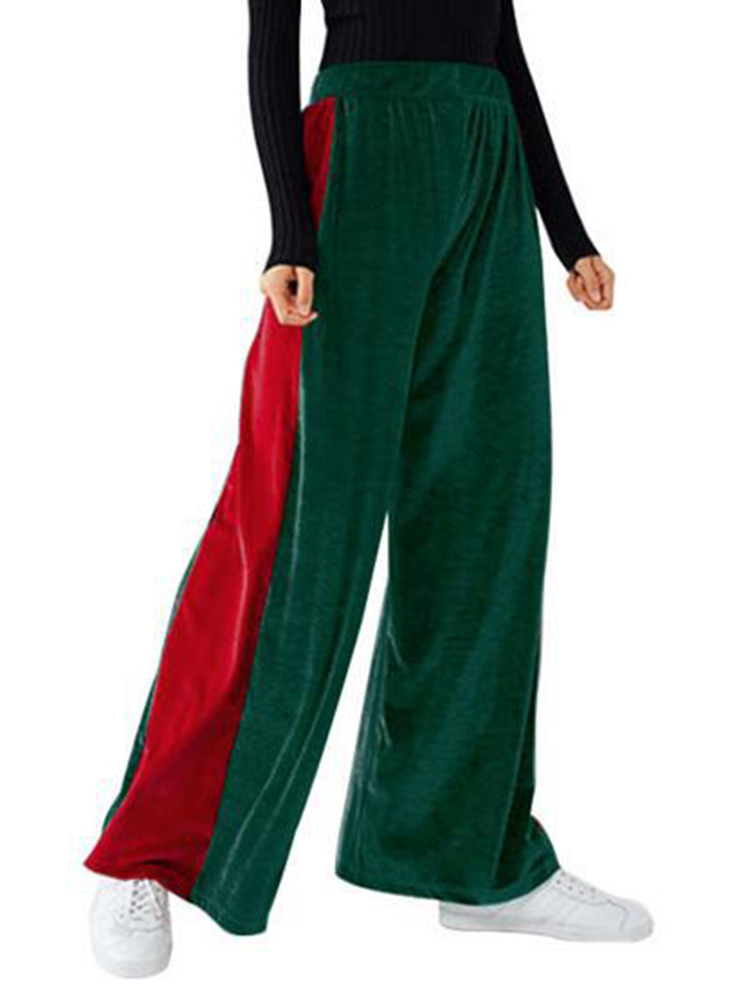 Casual-Women-Gold-Velvet-Color-Splicing-Wide-Leg-Pants-1236310