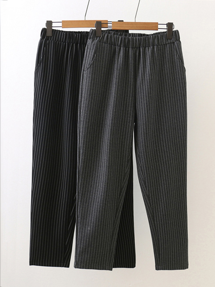 Casual-Women-Loose-Pants-Elastic-Waist-Stripes-Stretch-Cotton-Roman-Trousers-1209876