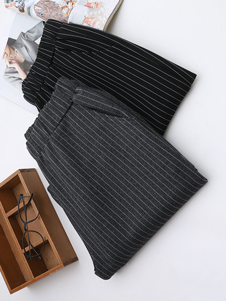 Casual-Women-Loose-Pants-Elastic-Waist-Stripes-Stretch-Cotton-Roman-Trousers-1209876
