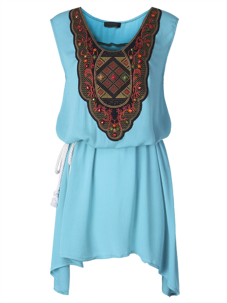 L-5XL-Ethnic-Style-Women-Embroidery-Stitching-High-Low-Mini-Dress-1061503