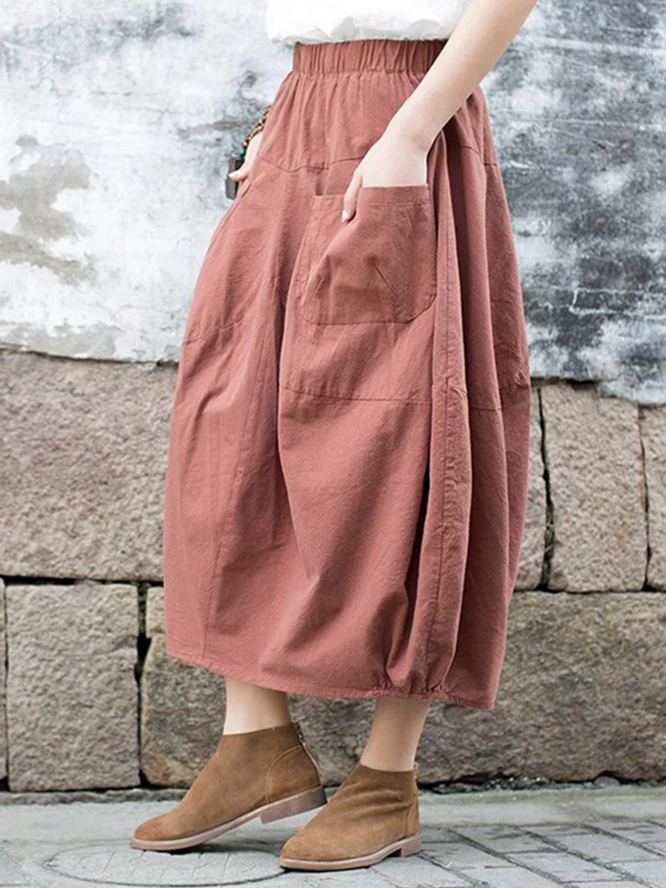 Casual-Women-Pure-Color-Cotton-Skirts-with-Pockets-1272484