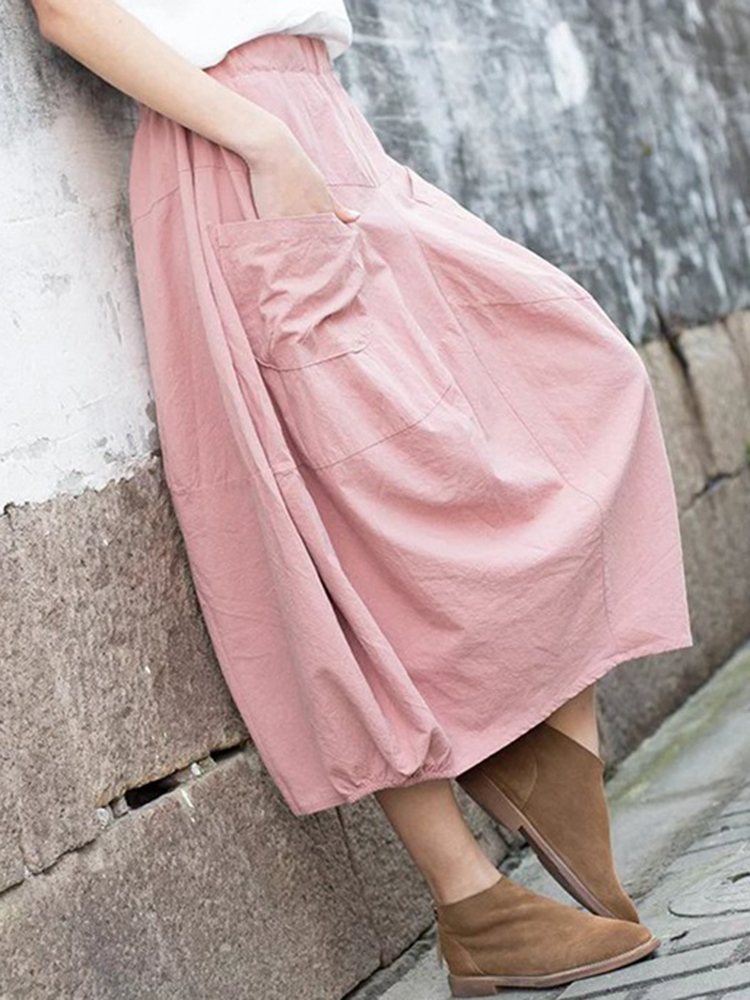 Casual-Women-Pure-Color-Cotton-Skirts-with-Pockets-1272484