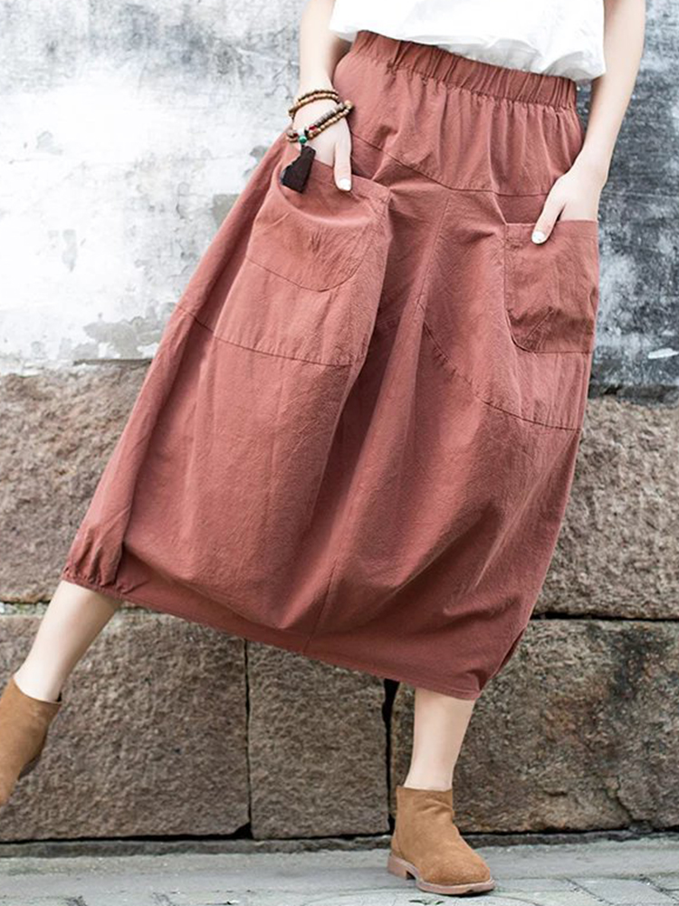 Casual-Women-Pure-Color-Cotton-Skirts-with-Pockets-1272484