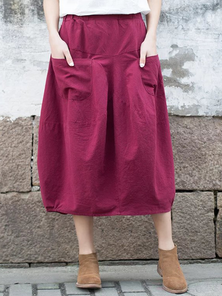 Casual-Women-Pure-Color-Cotton-Skirts-with-Pockets-1272484