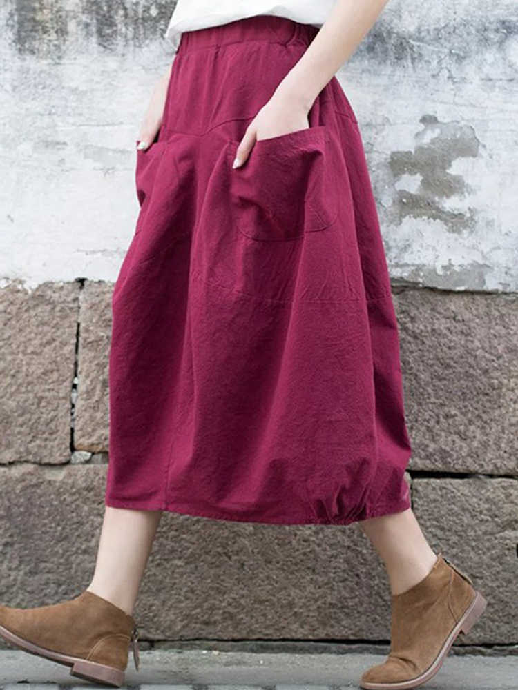 Casual-Women-Pure-Color-Cotton-Skirts-with-Pockets-1272484