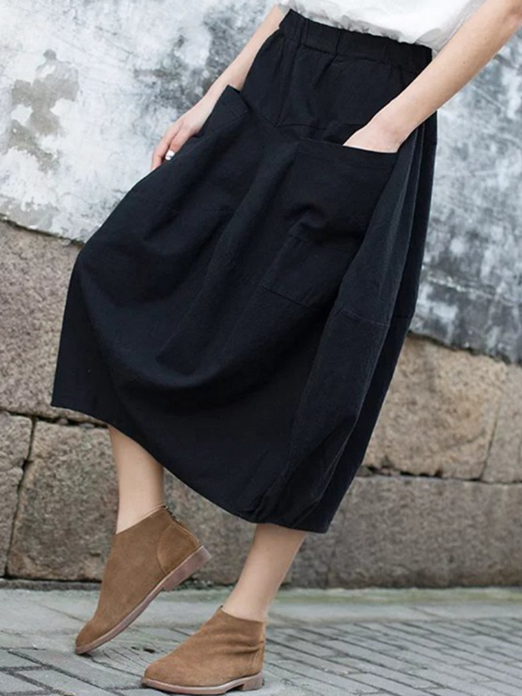 Casual-Women-Pure-Color-Cotton-Skirts-with-Pockets-1272484