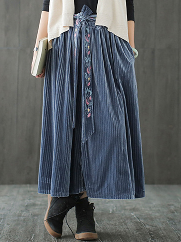 Vintage-Women-Pleated-Pleuche-Embroidery-Elastic-Waist-Skirts-1384639