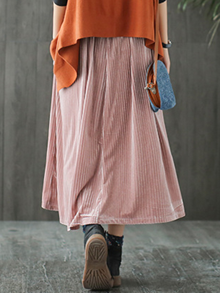 Vintage-Women-Pleated-Pleuche-Embroidery-Elastic-Waist-Skirts-1384639